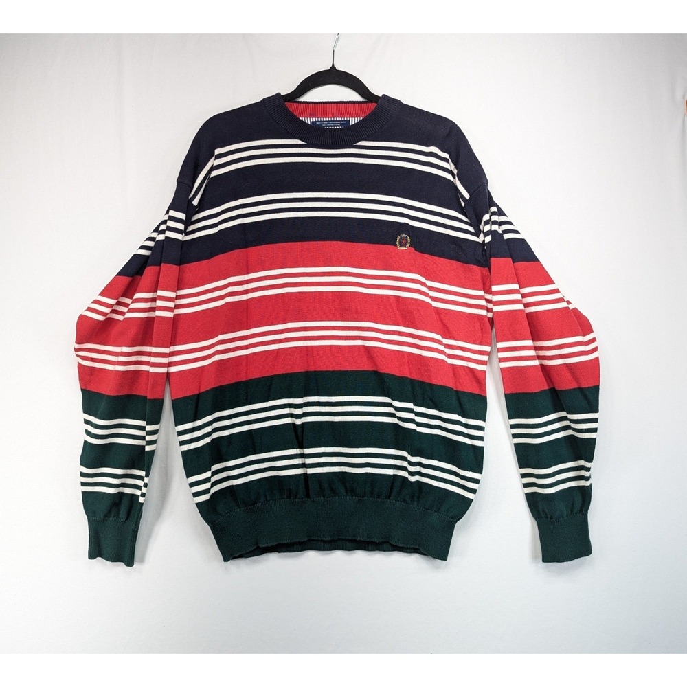 Tommy Hilfiger Mens Large Striped Cotton Crewneck Sweater Navy Red Green Crest